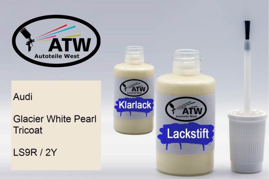 Audi, Glacier White Pearl Tricoat, LS9R / 2Y: 20ml Lackstift + 20ml Klarlack - Set, von ATW Autoteile West.